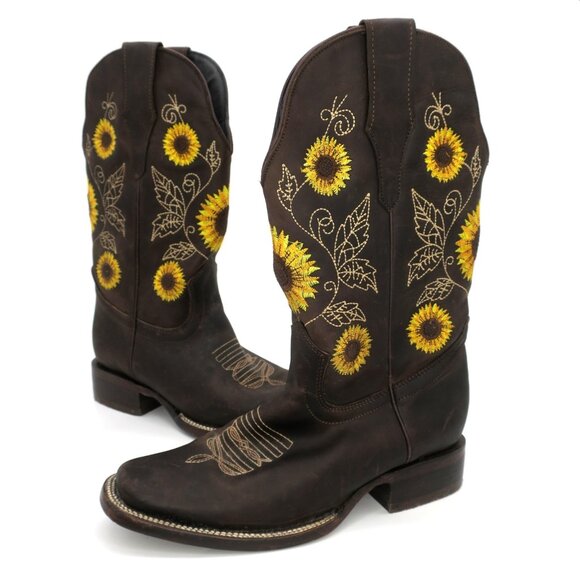 JOE Exclusive Sunflower Women's Cowboy Embroidered Boots Square Toe Western 9M - Picture 1 of 9